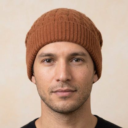 HAB04 Men's Cashmere Beanie - Heritage Cable Knit Amber 4