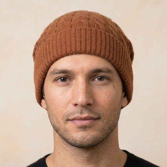 HAB04 Men's Cashmere Beanie - Heritage Cable Knit Amber 4