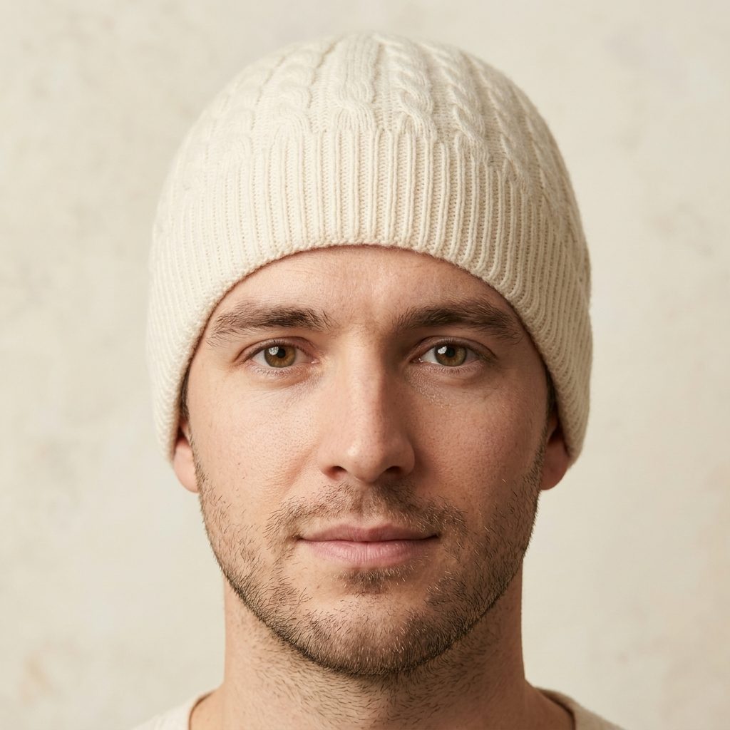 HCOW Men's Cashmere Beanie - Heritage Cable Knit Off-White 4
