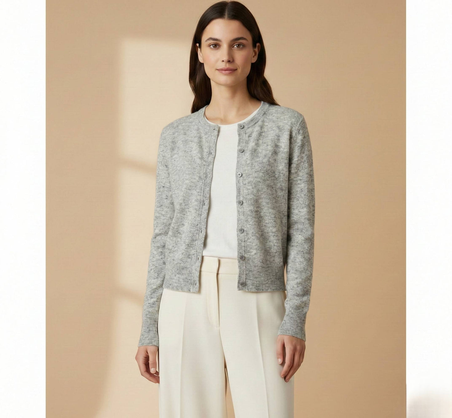 Undyed Himalayan Cashmere Pokhara Cardigan For Women - Light Grey Melange