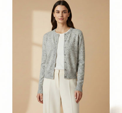 Undyed Himalayan Cashmere Pokhara Cardigan For Women - Light Grey Melange
