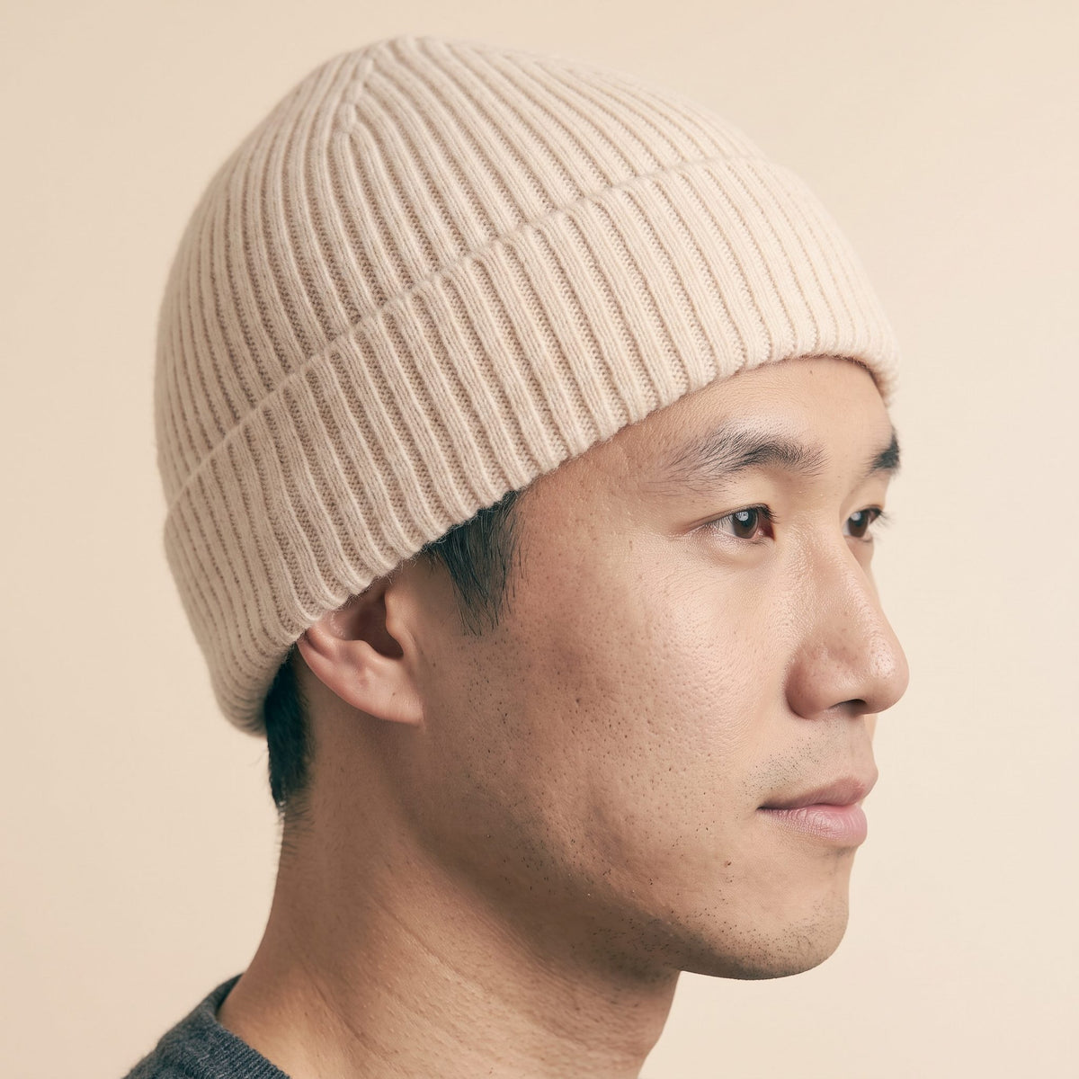 HROW Men's Cashmere Beanie - Haven Ribbed Off-White 4