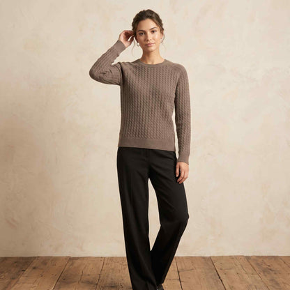 Women's cable-knit cashmere crewneck sweater, Grace in Brown - view 4
