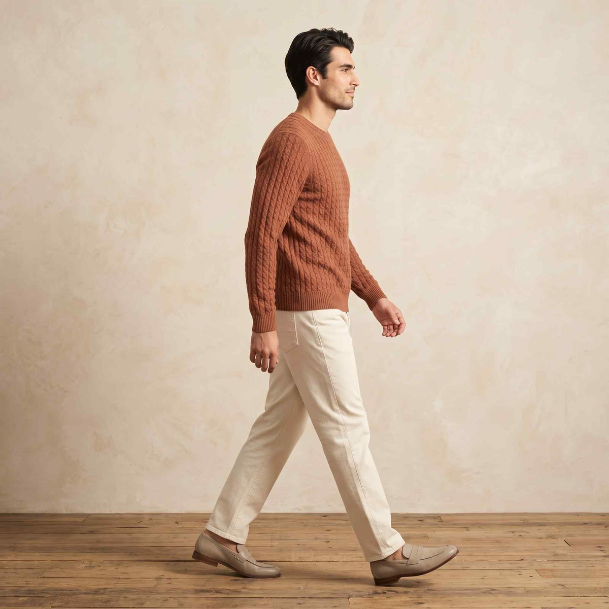 Men's cable-knit cashmere sweater, Atlas in Caramel - view 2