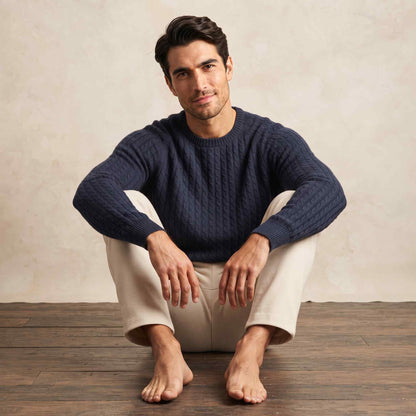 Men's cable-knit cashmere sweater, Atlas in Dark Navy - view 2