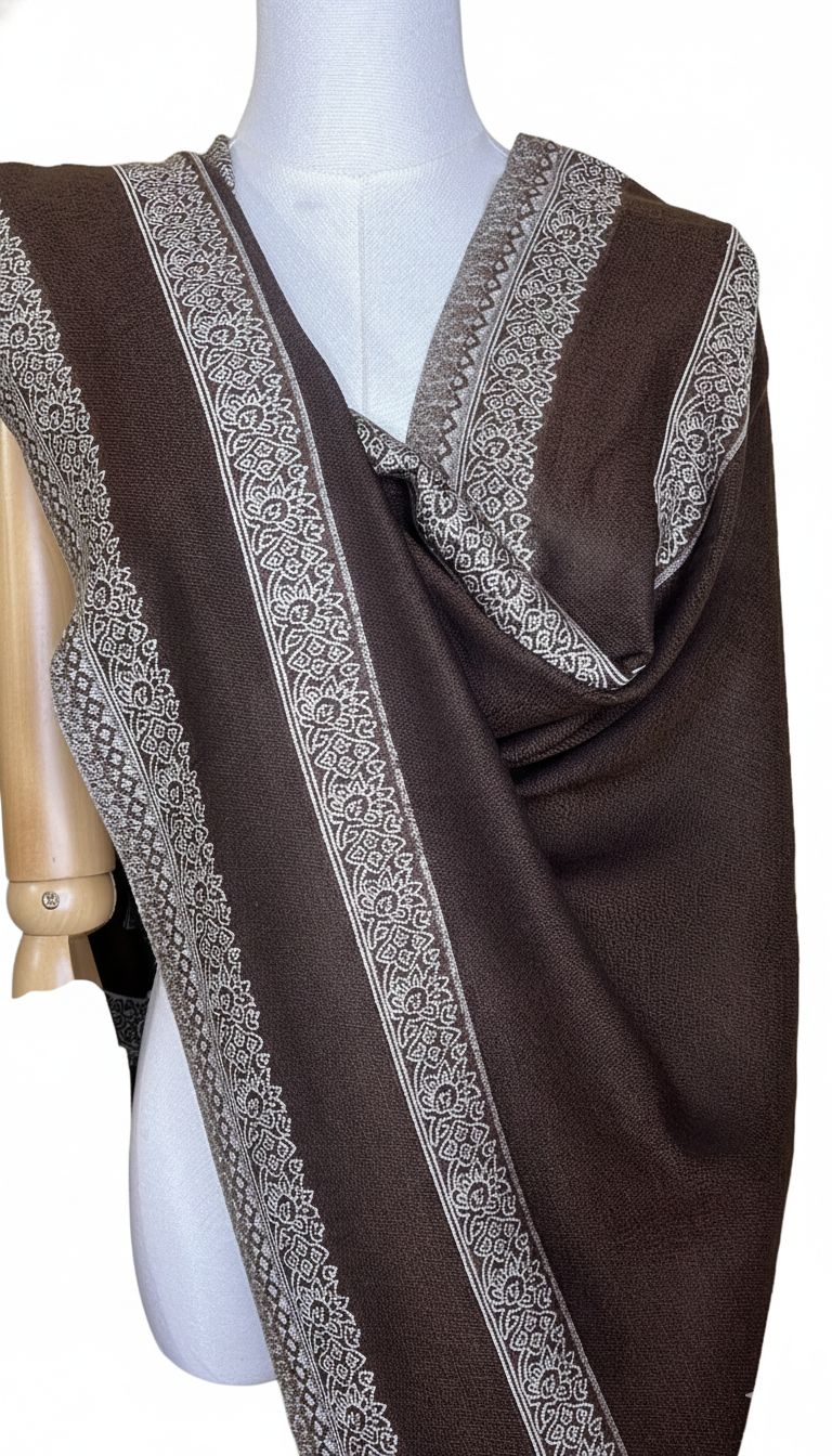 100% Pure Himalayan Cashmere Pashmina Shawl - Signature Neutral & Pattern Collection Espresso Brown Paisley