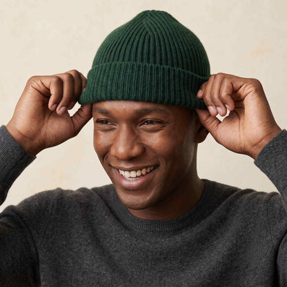 Men's hand-knit ribbed cashmere beanie, Noma in Pine - view 3
