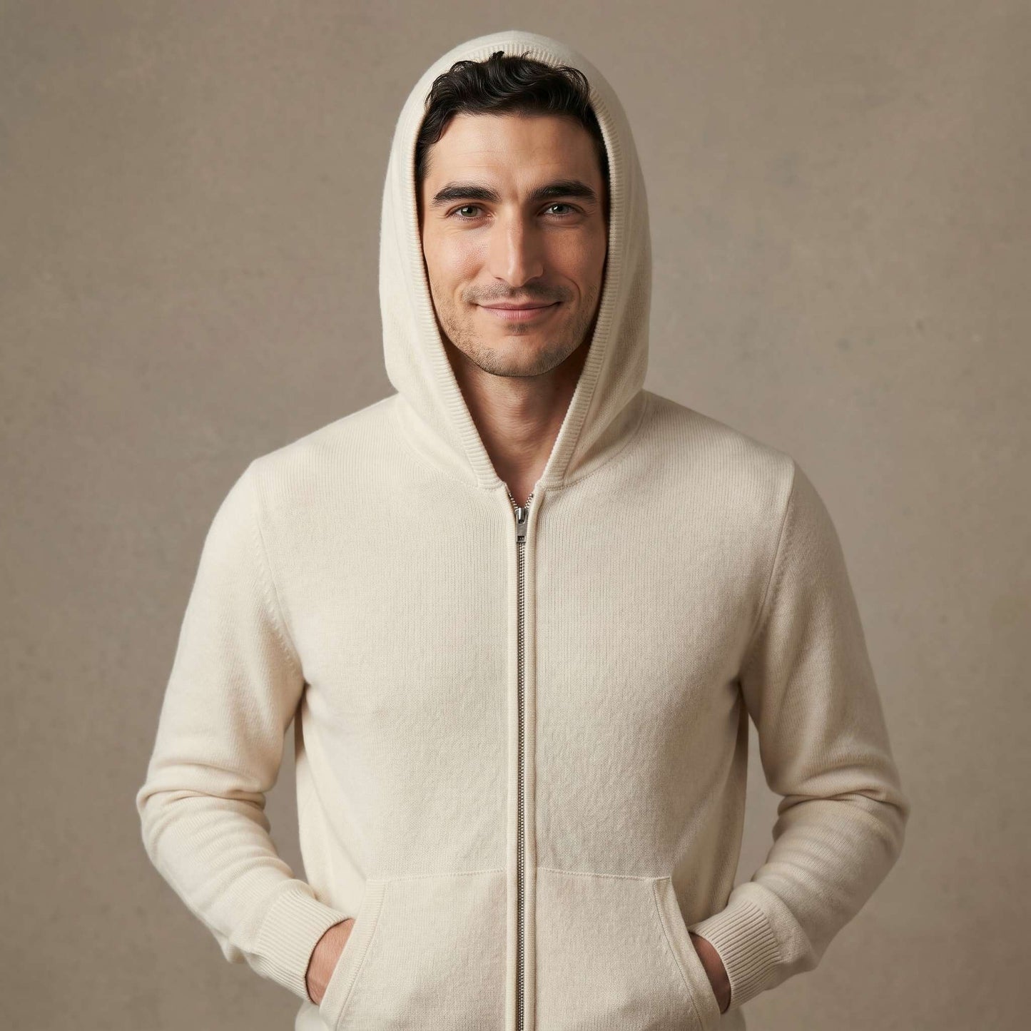 Original Kora Zip Himalayan Cashmere Hoodie For Men in Off-White — Himalayan cashmere, view 1