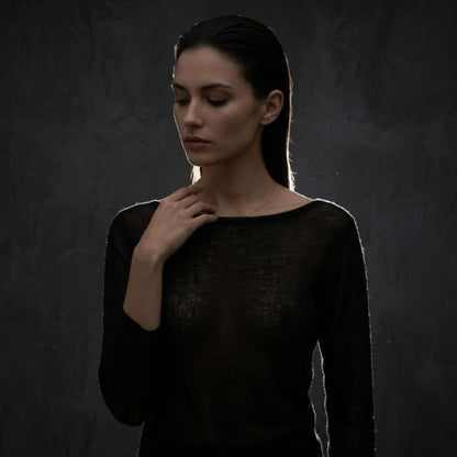 Pure Cashmere Gossamer Boatneck Top With 3/4 Sleeve For Women