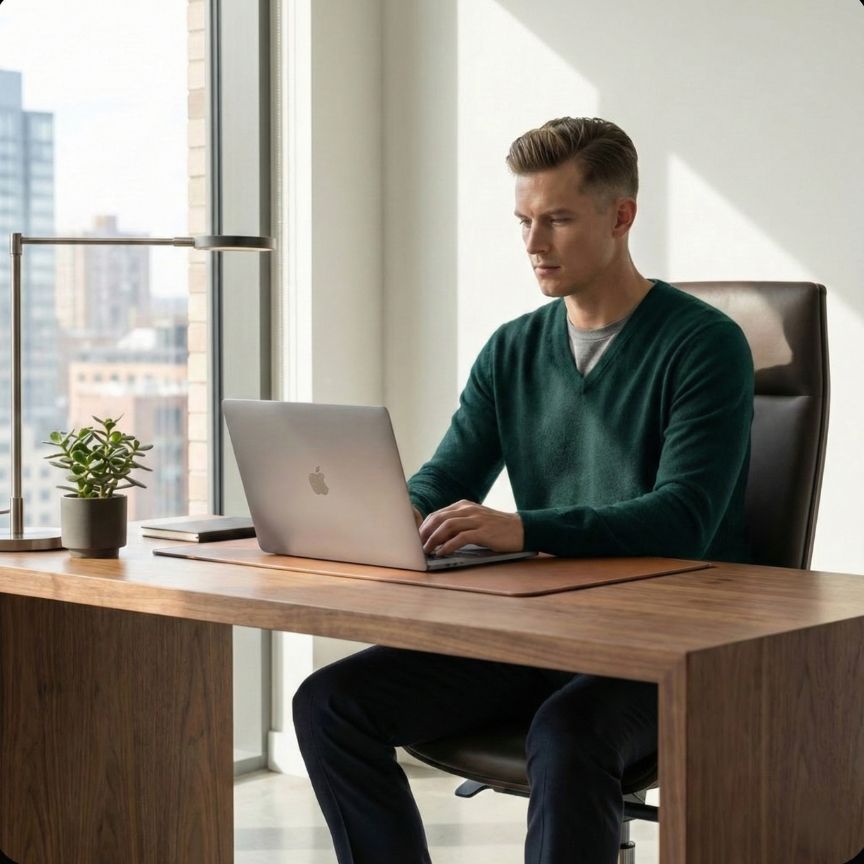 Man using a laptop at a desk in a modern office setting