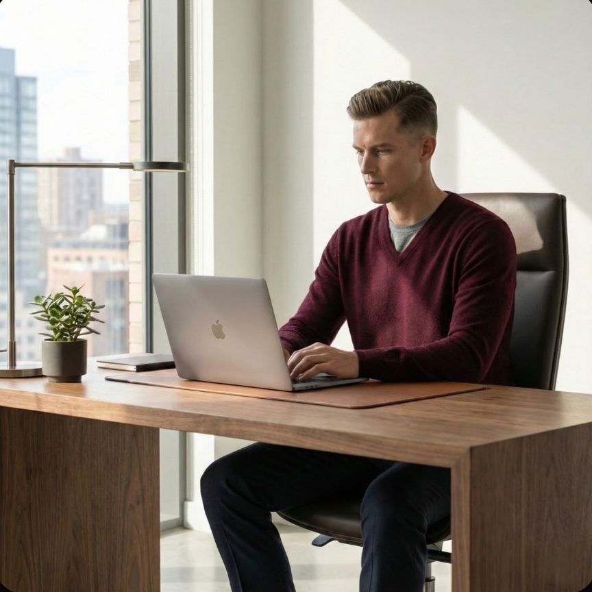 Man using a laptop at a desk in a modern office setting
