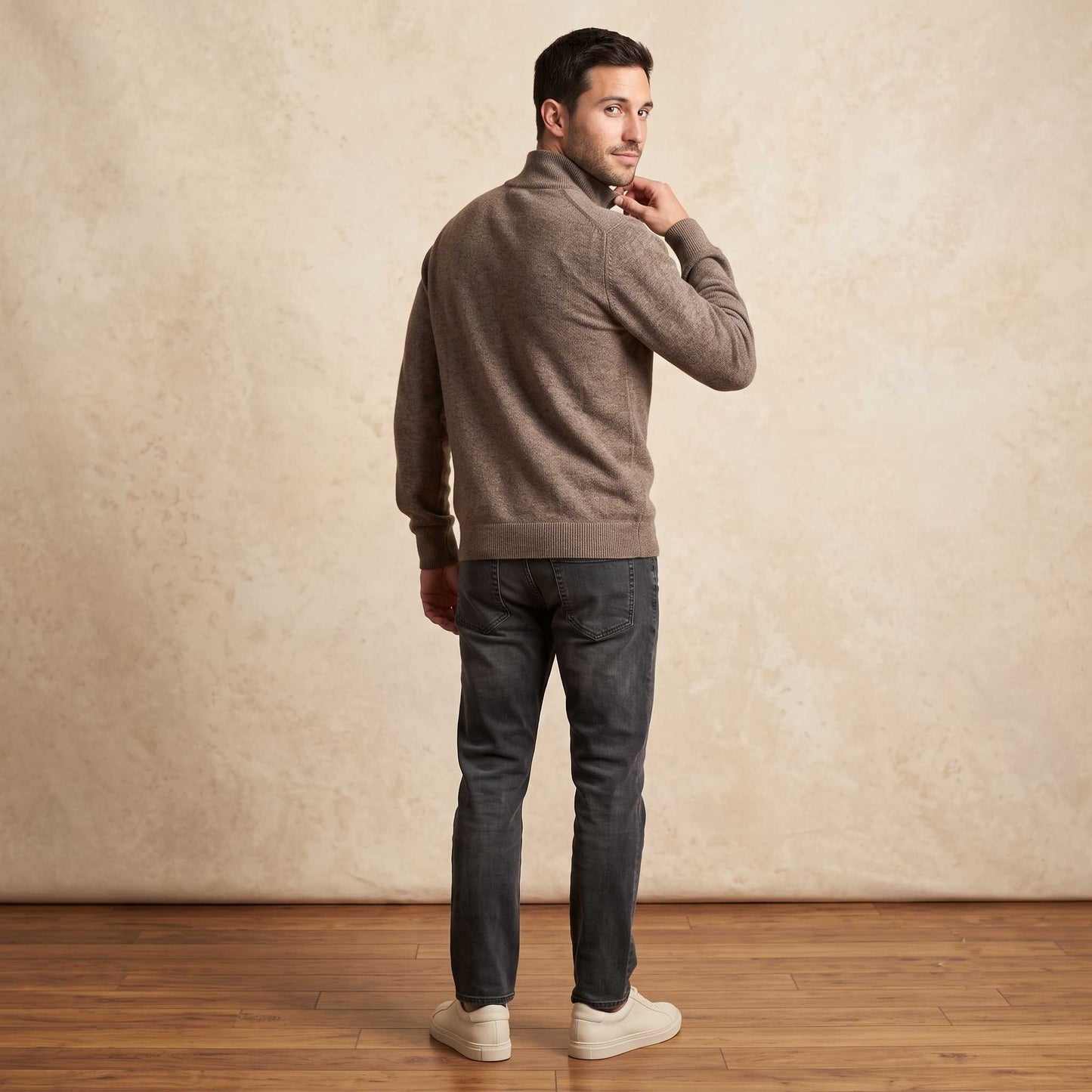 Men's undyed cashmere quarter-zip sweater, Executive in Toast Melange - view 4