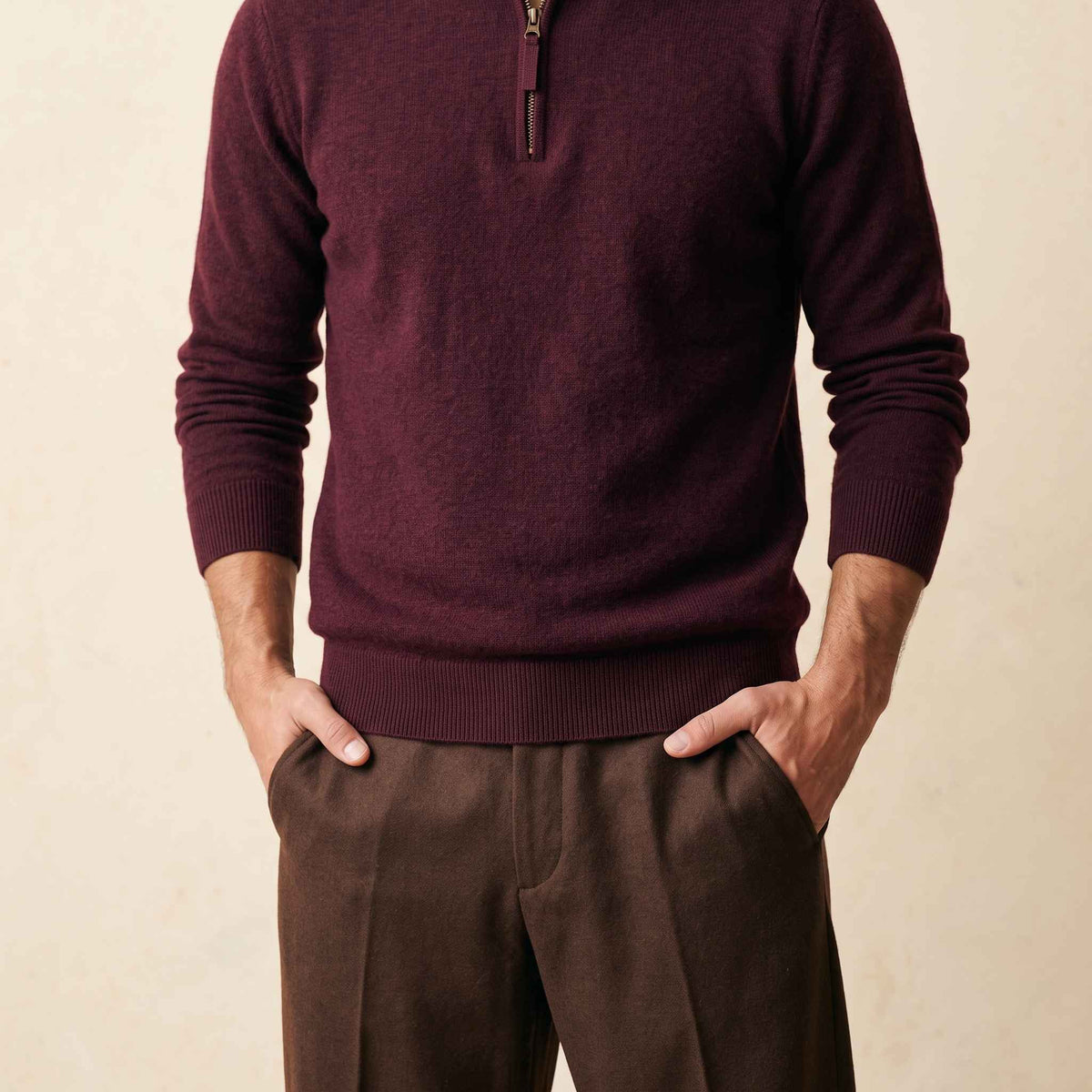 Men's cashmere half-zip sweater, Embrace in Wine Red - view 2