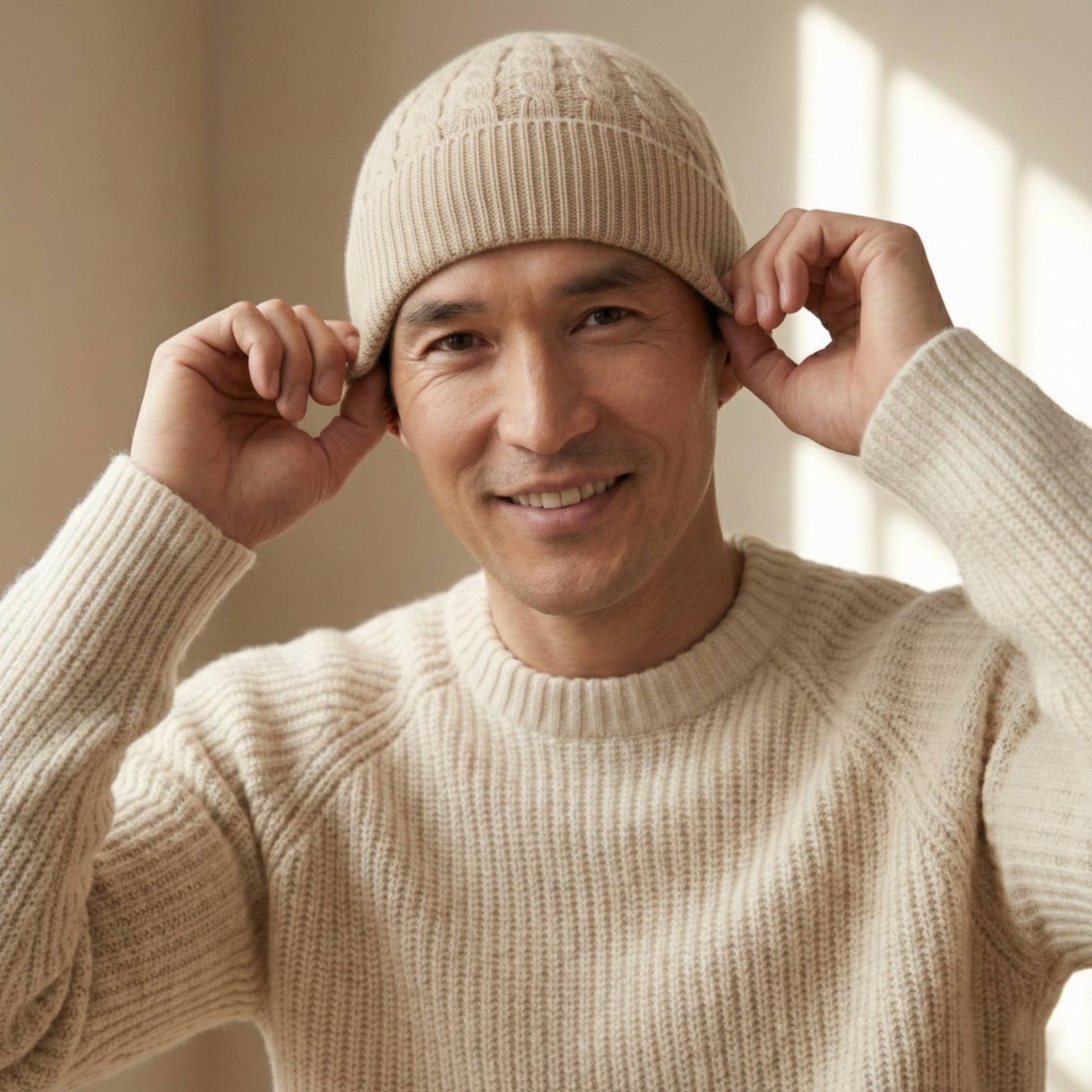Beige Heritage Cable Knit Cashmere Beanie for Men