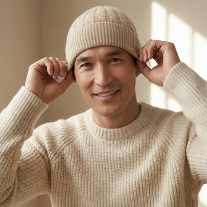 Beige Heritage Cable Knit Cashmere Beanie for Men