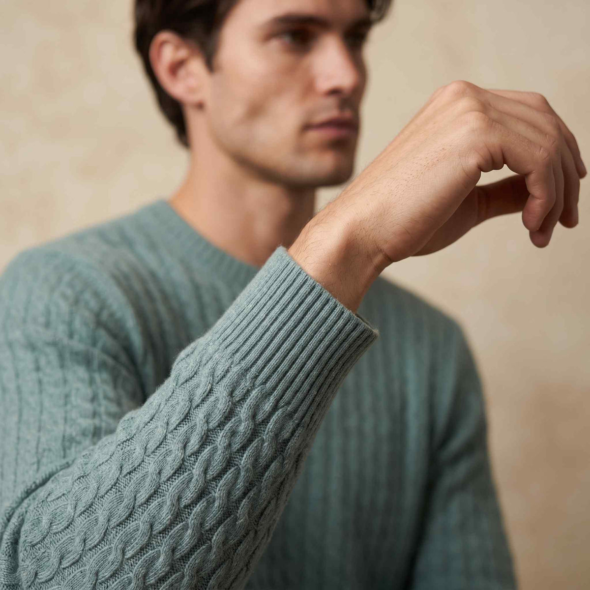 Men's cable-knit cashmere sweater, Atlas in Heathered Jade - view 3