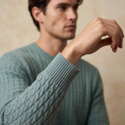 Men's cable-knit cashmere sweater, Atlas in Heathered Jade - view 3