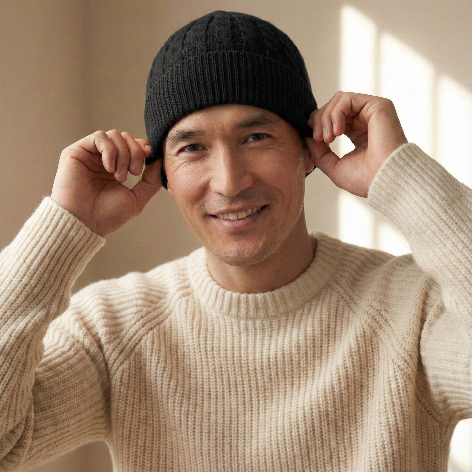 Exclusive Deep Onyx Heritage Cable Knit Cashmere Beanie for Men