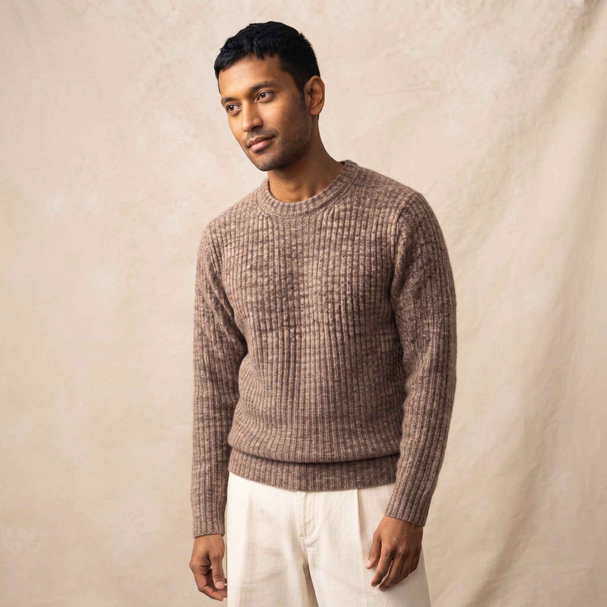 Men's ribbed cashmere crewneck sweater, Signature in Toast Melange - view 2