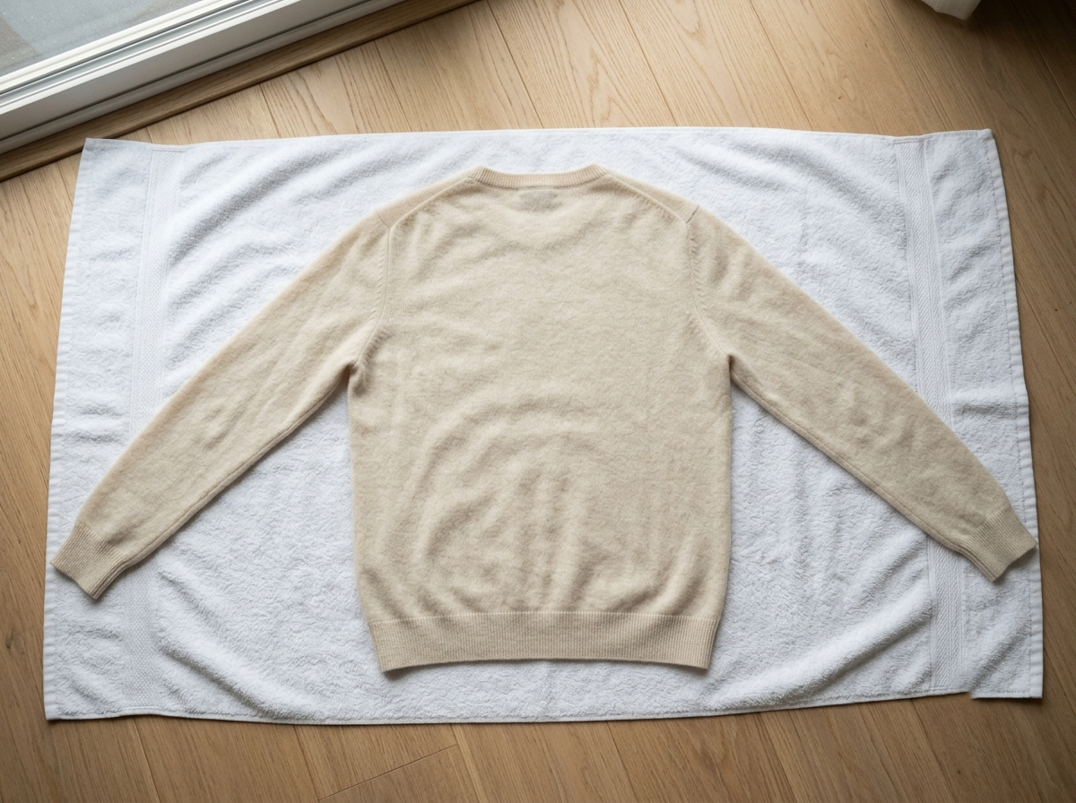 Cashmere sweater laid flat on a white towel to dry in shape