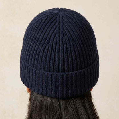 Women's hand-knit cashmere beanie in Midnight Navy - view 3