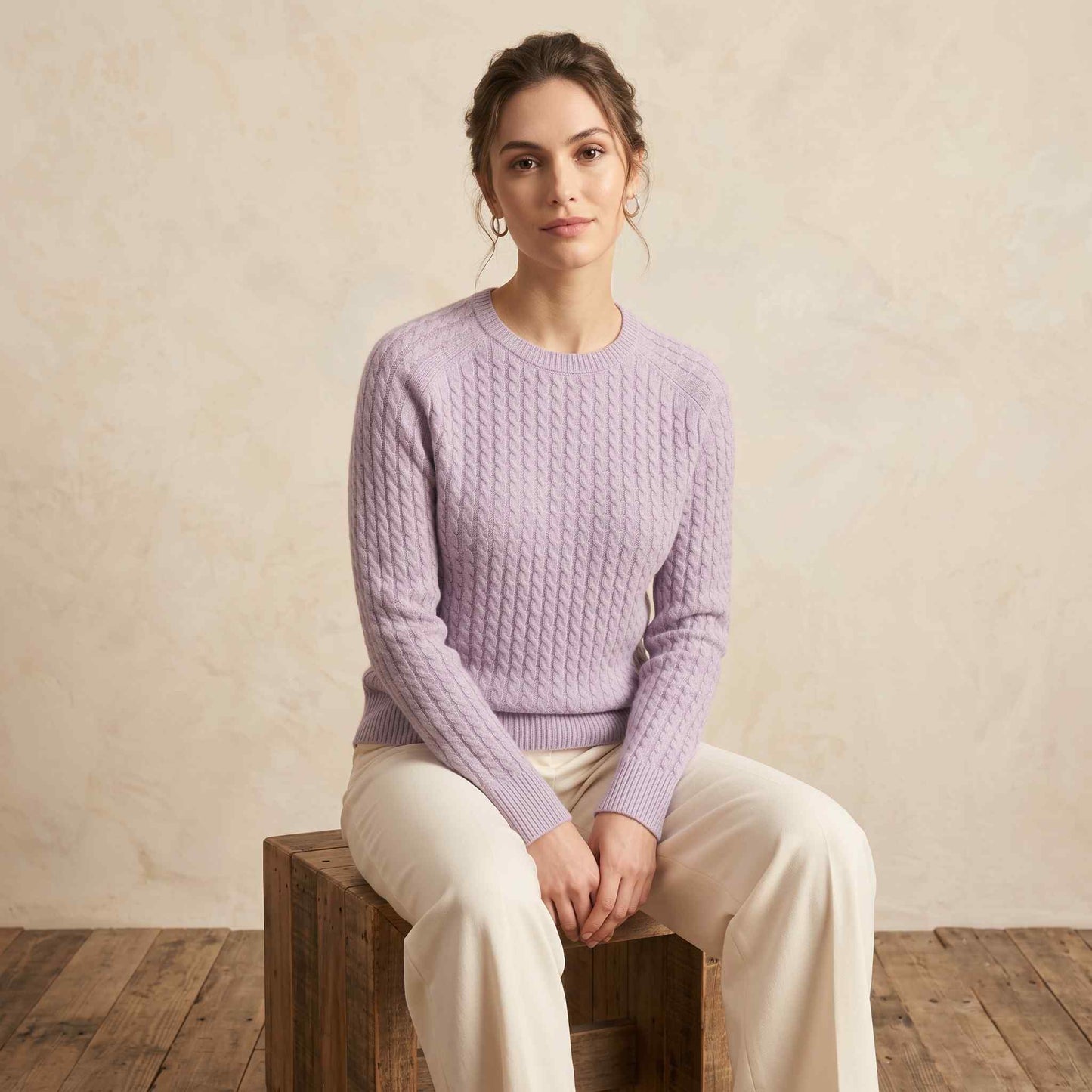 Women's cable-knit cashmere crewneck sweater, Grace in Lilac - view 1