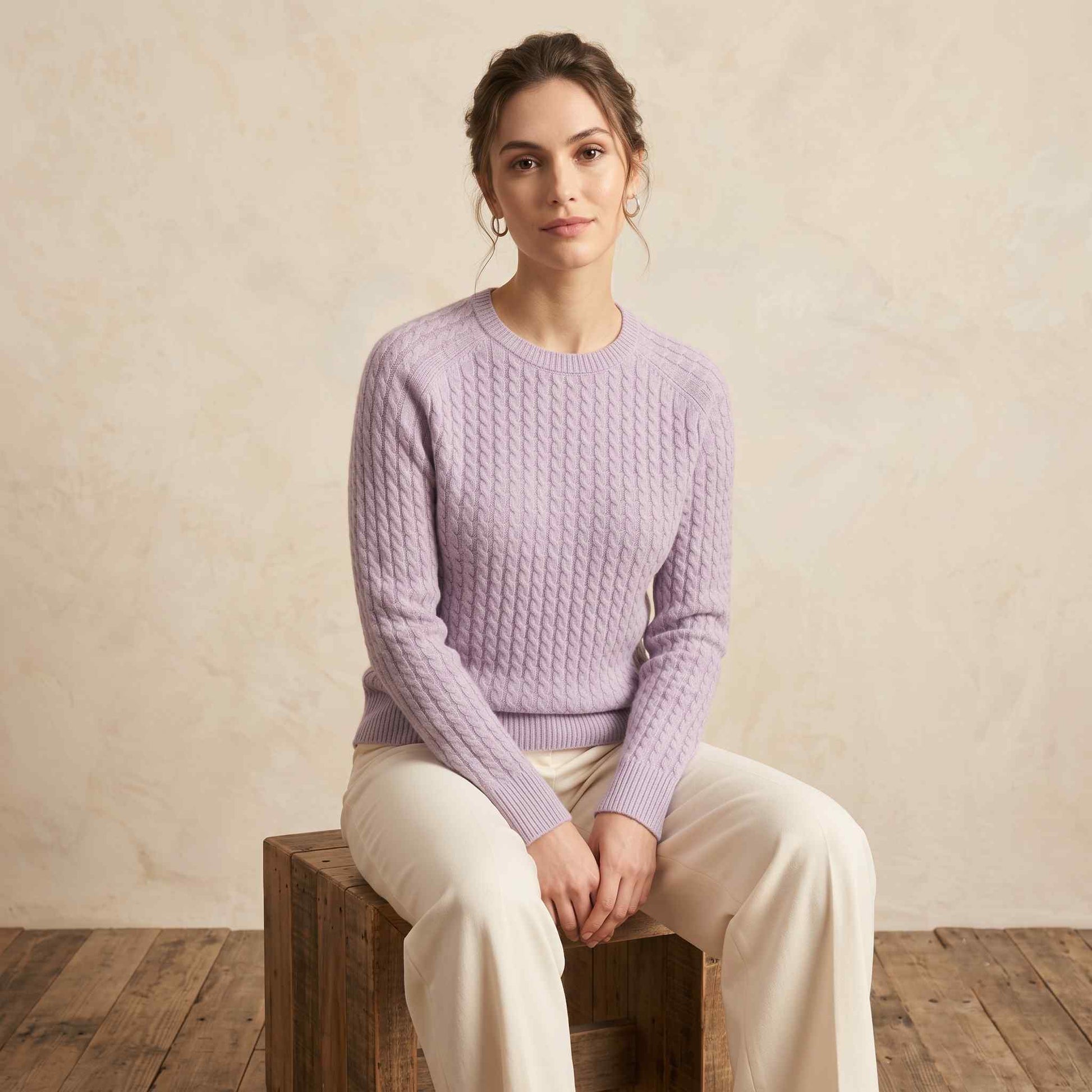 Women's cable-knit cashmere crewneck sweater, Grace in Lilac - view 1