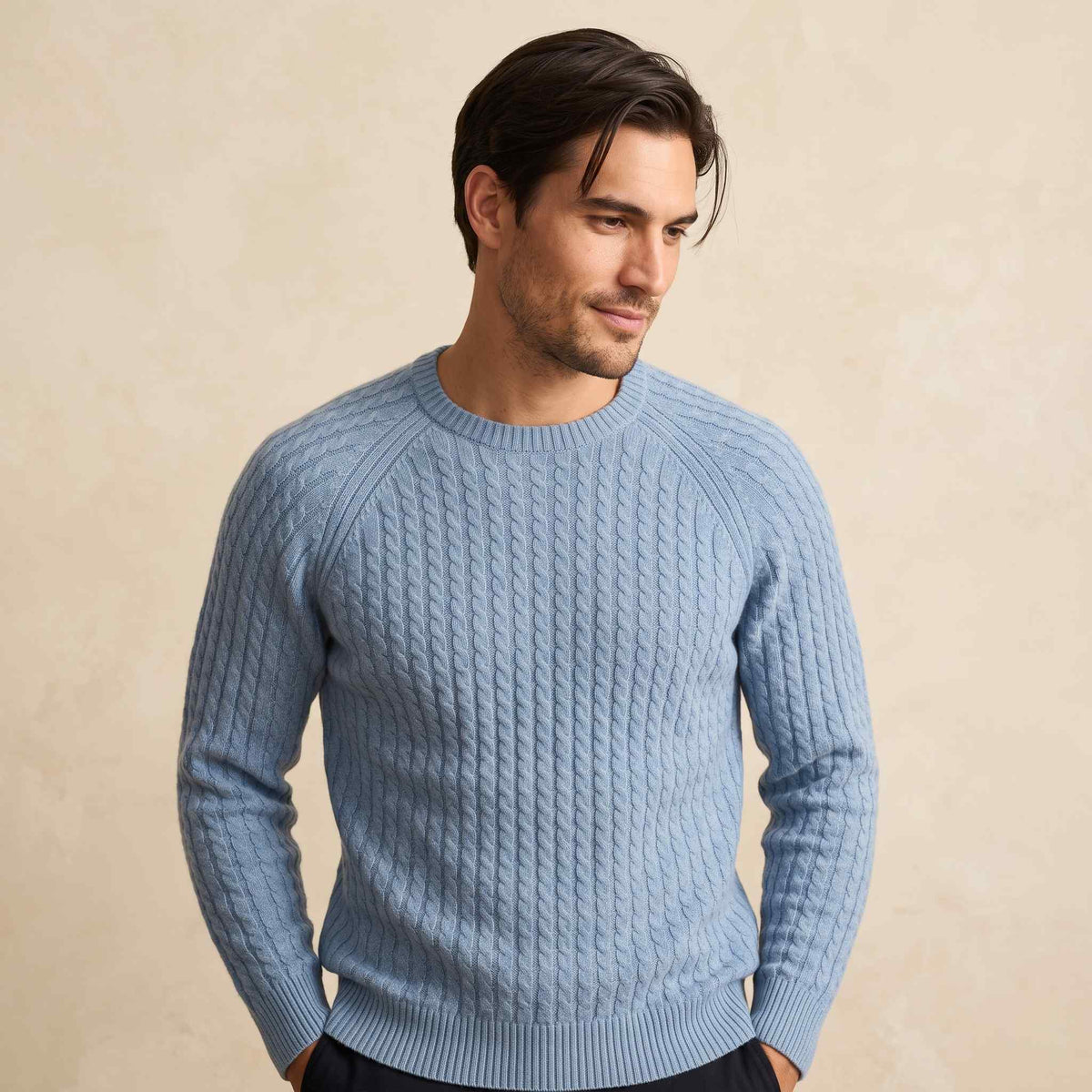 Men's cable-knit cashmere sweater, Atlas in Sky Blue - view 3