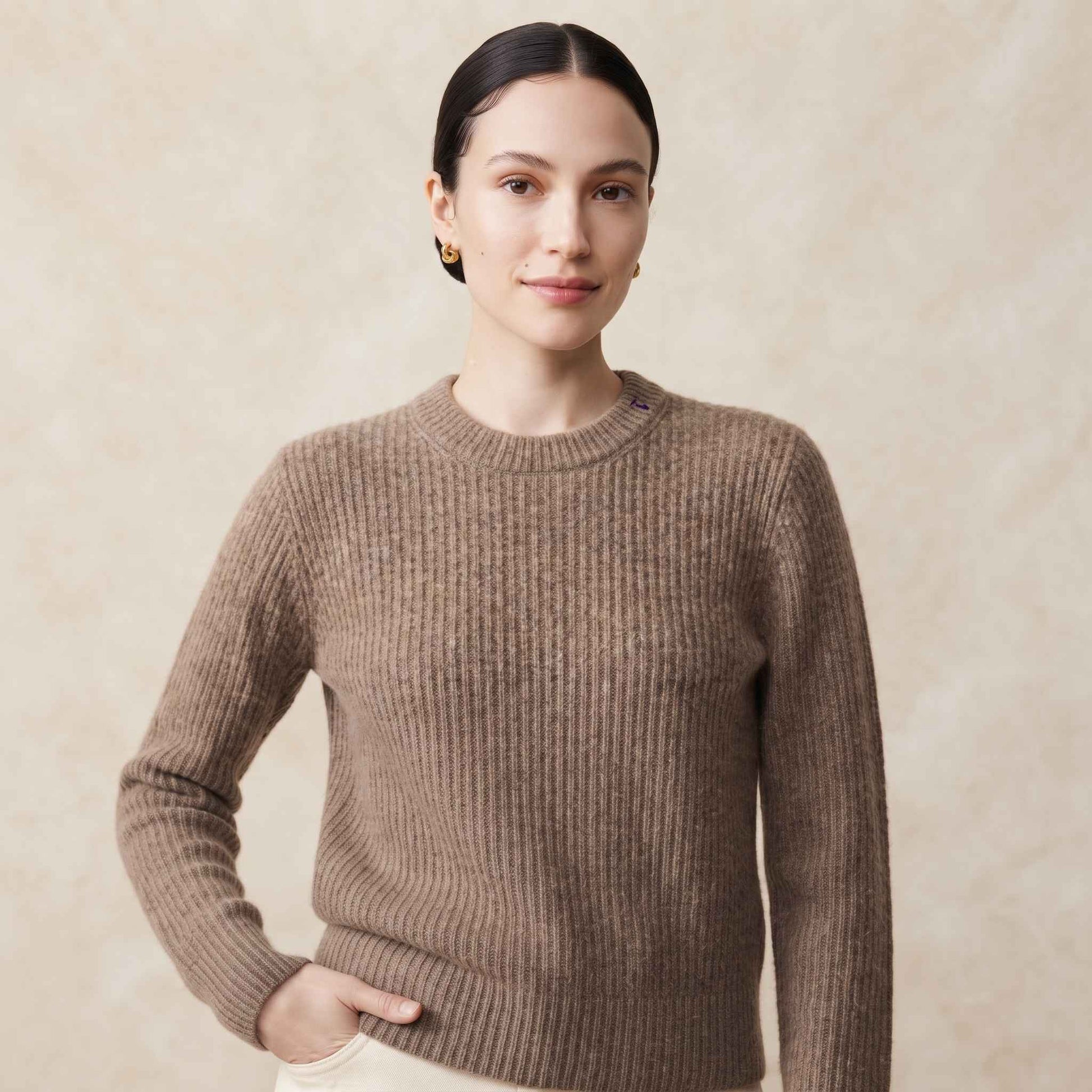 Women's Cashmere Sweater - Ella Ribbed in Toast Melange - view 1