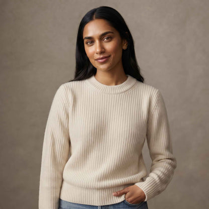 Women's heavyweight ribbed cashmere crewneck sweater in Off White — view 3