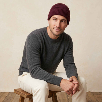 Men's hand-knit ribbed cashmere beanie, Noma in Wine Red - view 2