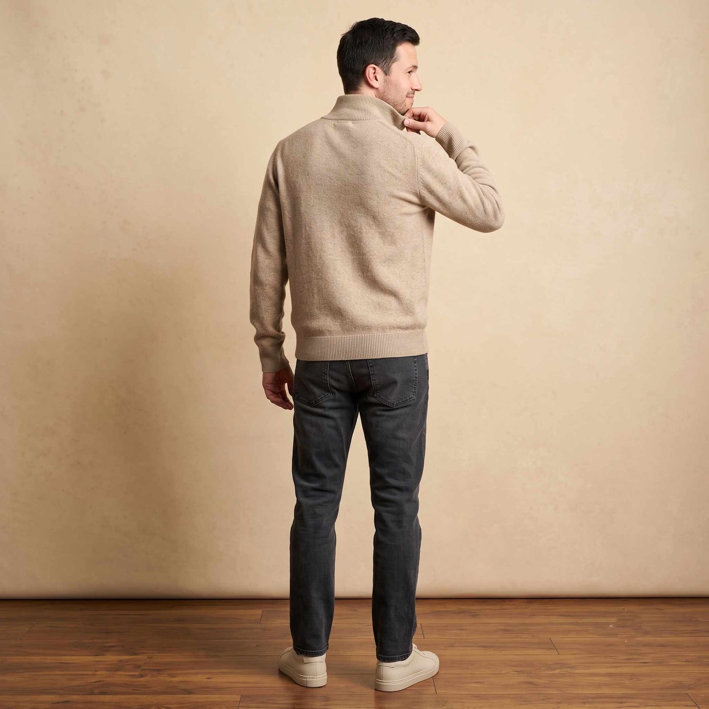 Men's undyed cashmere quarter-zip sweater, Executive in Oatmeal Melange - view 2