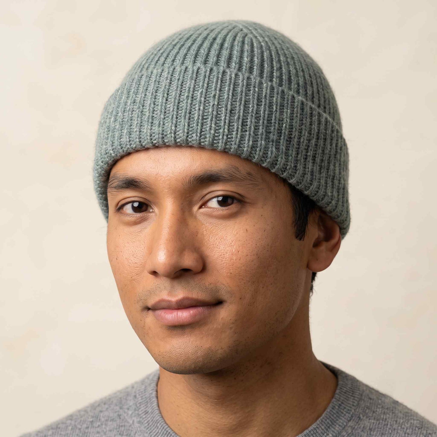 Men's hand-knit ribbed cashmere beanie, Noma in Heathered Jade - view 3