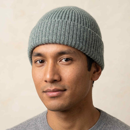 Men's hand-knit ribbed cashmere beanie, Noma in Heathered Jade - view 3