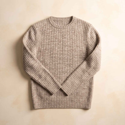 Men's ribbed cashmere crewneck sweater, Signature in Light Grey Melange - view 2