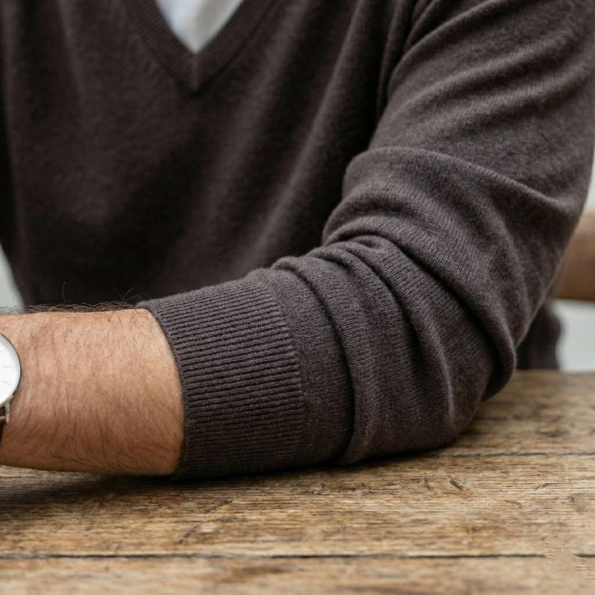 Brown sweater sleeve on a wooden surface