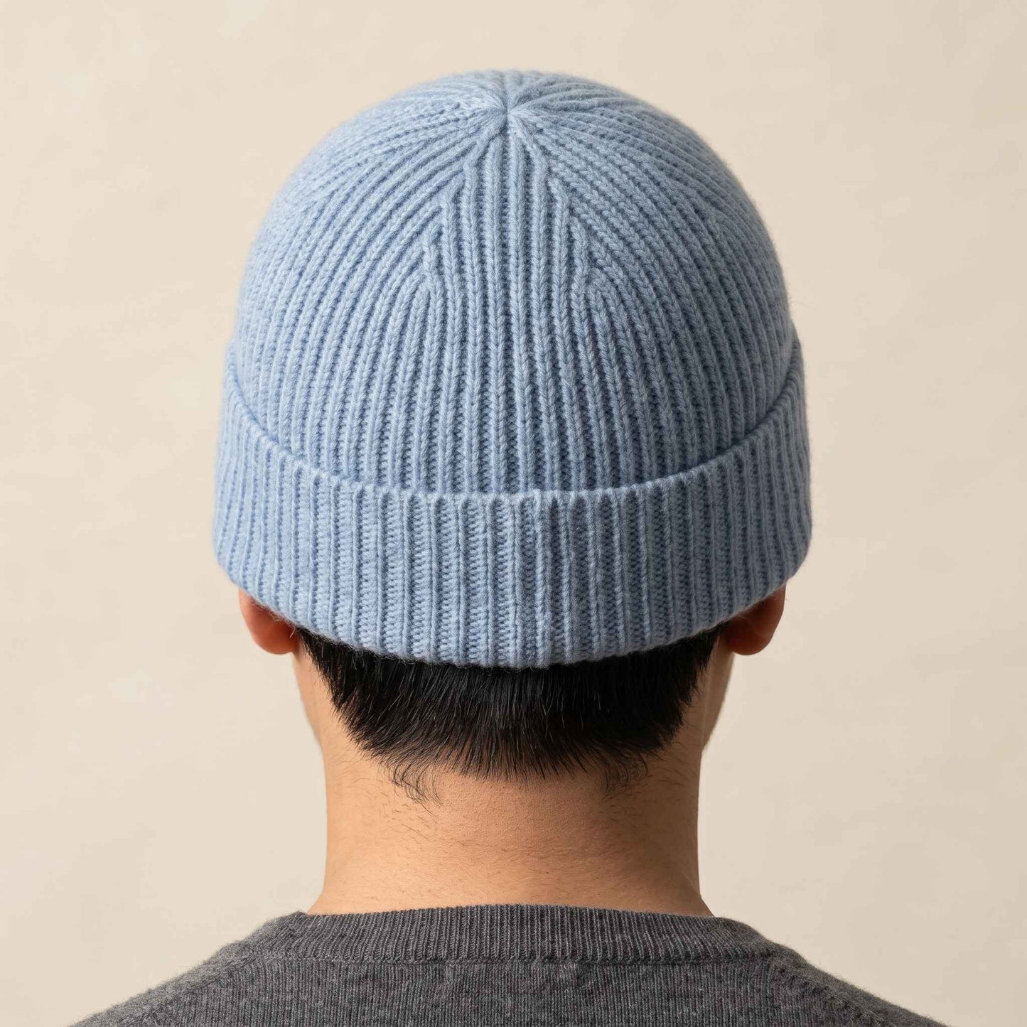 Men's hand-knit ribbed cashmere beanie, Noma in Sky Blue - view 3