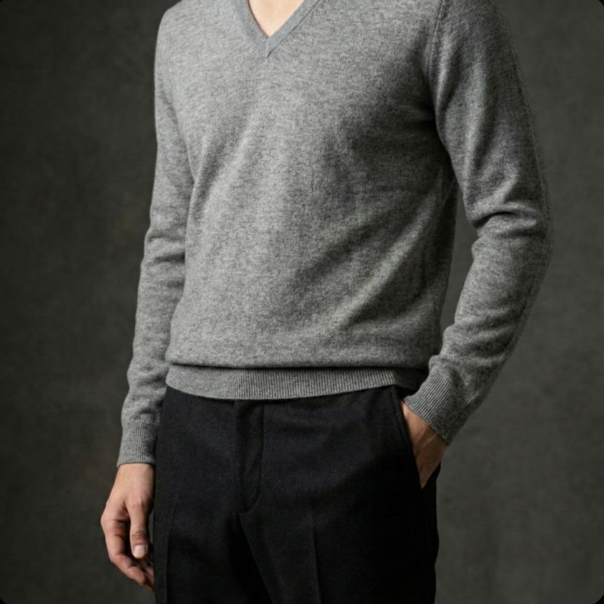 Person wearing a gray sweater and dark pants against a dark background