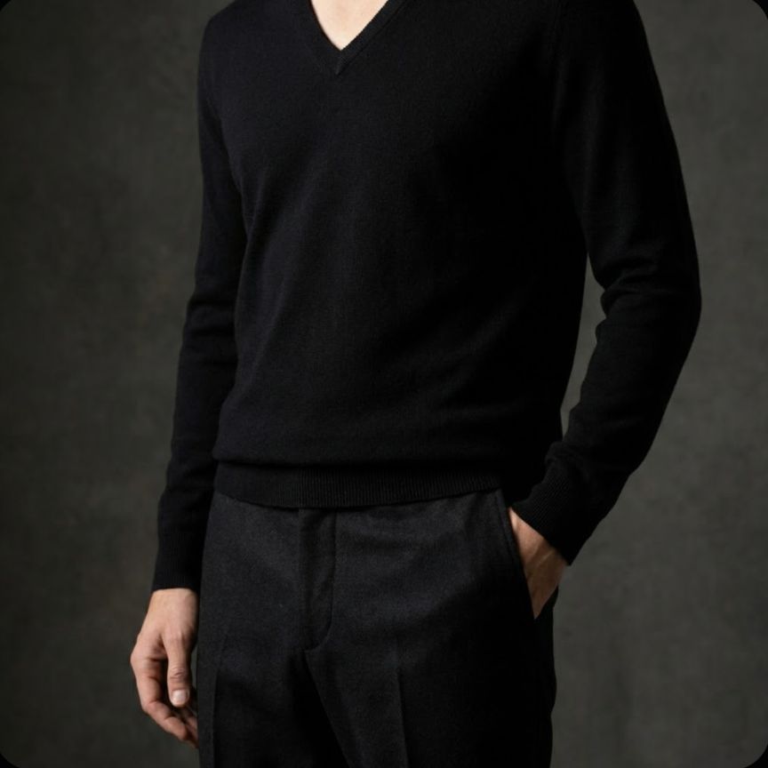 Person wearing a black sweater and dark pants against a dark background