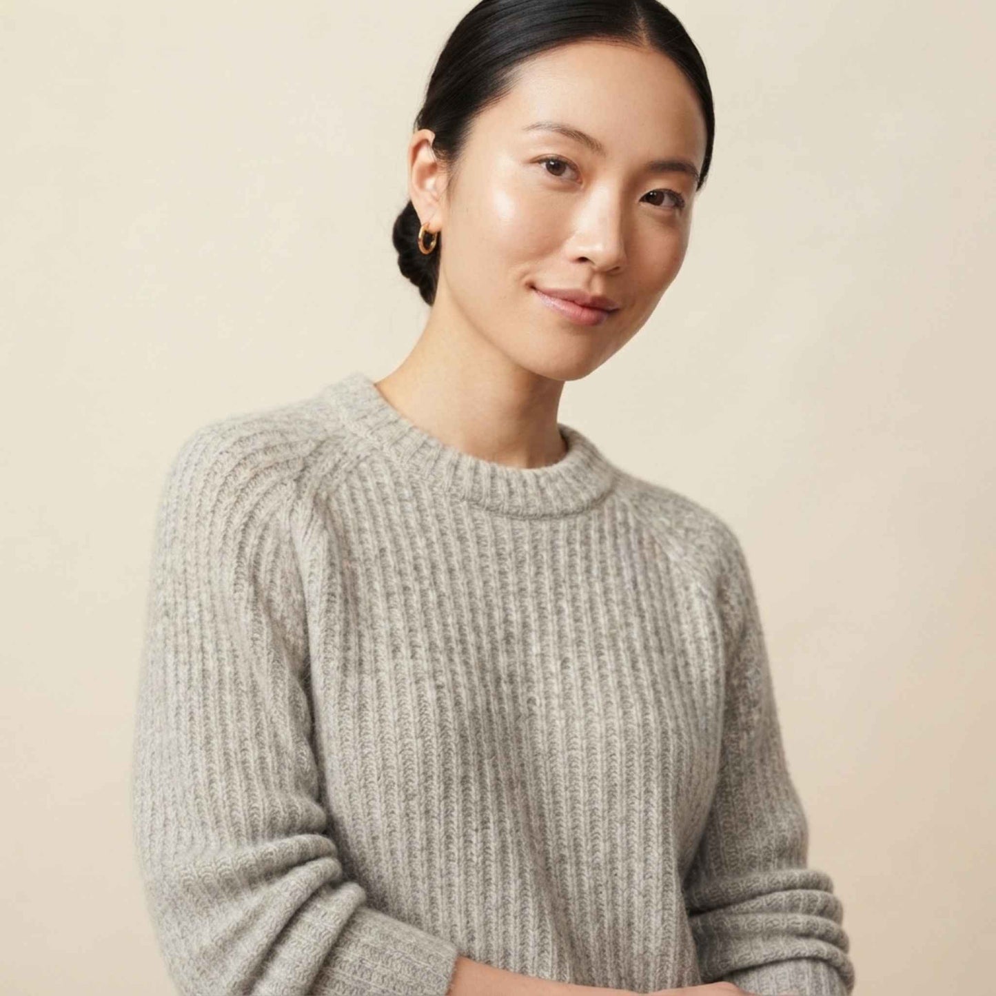 Women's Cashmere Sweater - Ella Ribbed in Light Grey Melange - view 1