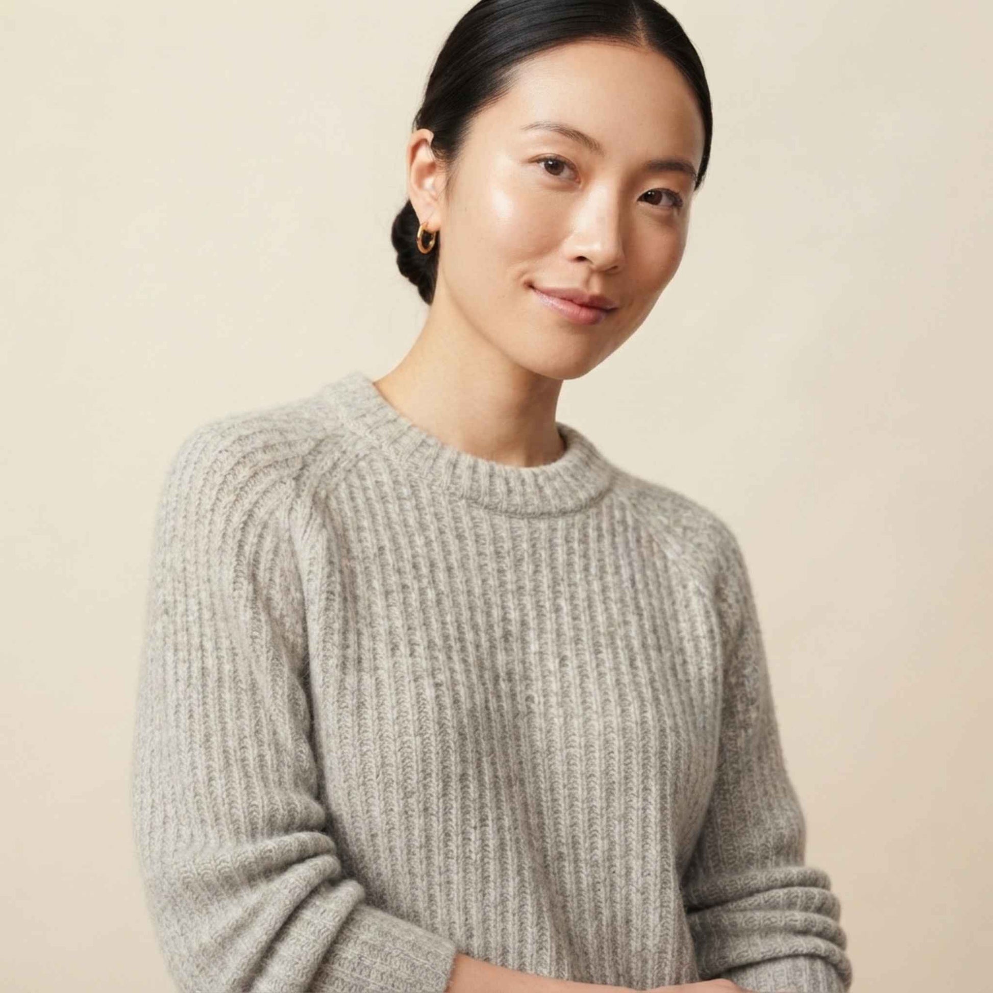 Women's Cashmere Sweater - Ella Ribbed in Light Grey Melange - view 1