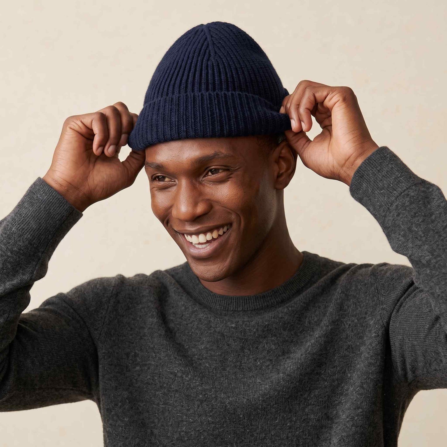 Men's hand-knit ribbed cashmere beanie, Noma in Dark Navy - view 3
