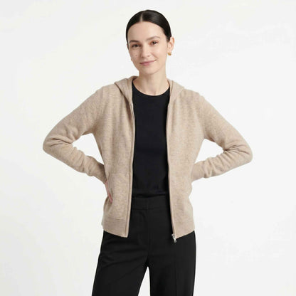 100% Undyed Cashmere Women's Zip Hoodie — Natural Melange, Chemical-Free