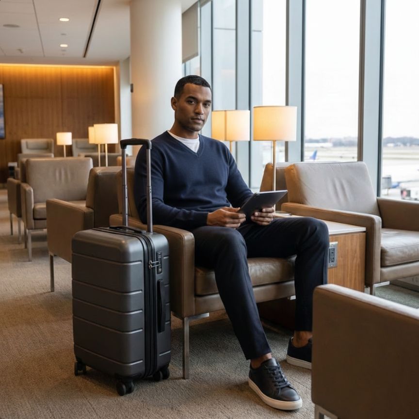 Man sitting in an airport lounge with a suitcase and tablet, looking at the camera.