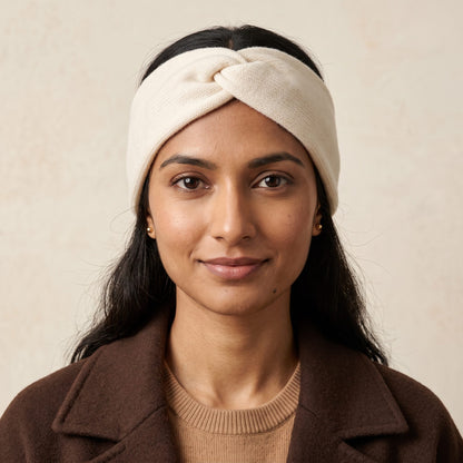 Gomba twisted-front cashmere headband in Off-White, worn, view 1
