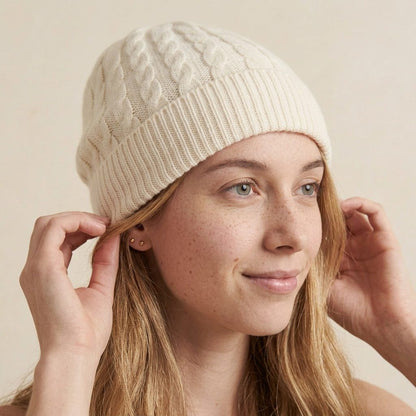 WCOW Women's Cashmere Beanie - Heritage Cable Knit Off-White 5