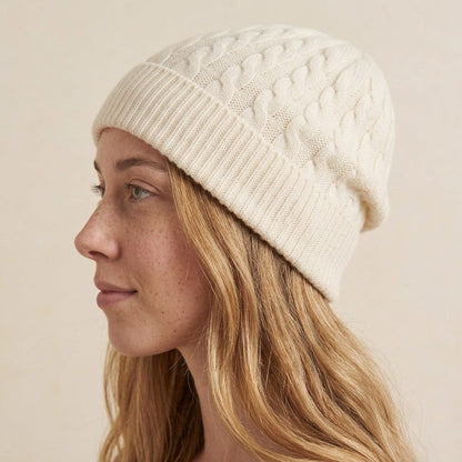 WCOW Women's Cashmere Beanie - Heritage Cable Knit Off-White 6