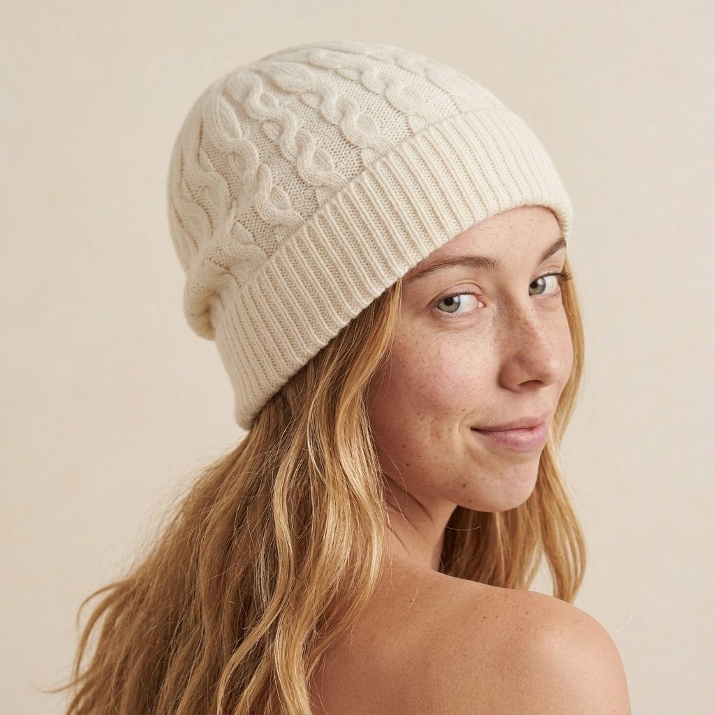 WCOW Women's Cashmere Beanie - Heritage Cable Knit Off-White 7