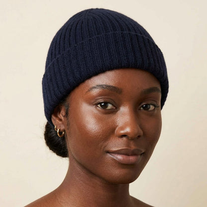 WRNV Women's Cashmere Beanie - Haven Ribbed Navy 4