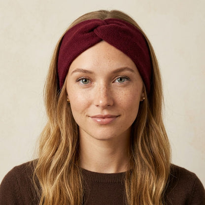 Gomba twisted-front cashmere headband in Wine Red, worn, view 1